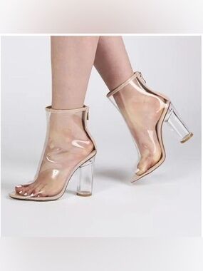 Cape Robbin Clear PVC Ankle Bootie with Nude Trim and Clear Block Heel